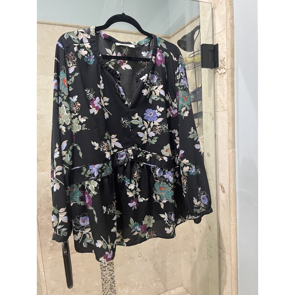 Ann Taylor LOFT Plus 22 Peplum V neck Black Purple  Fall Print blouse - Picture 2 of 8
